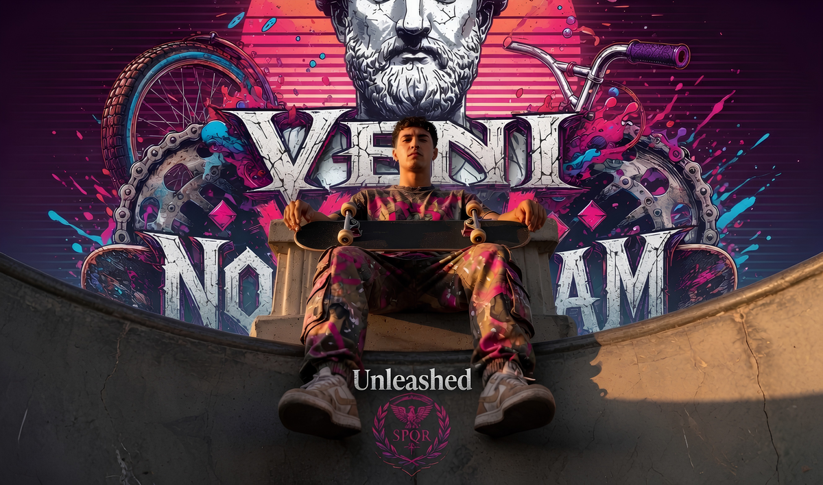 No Limits No Fear badge featuring crossed skateboard and BMX wheel behind a shield emblem with smoke