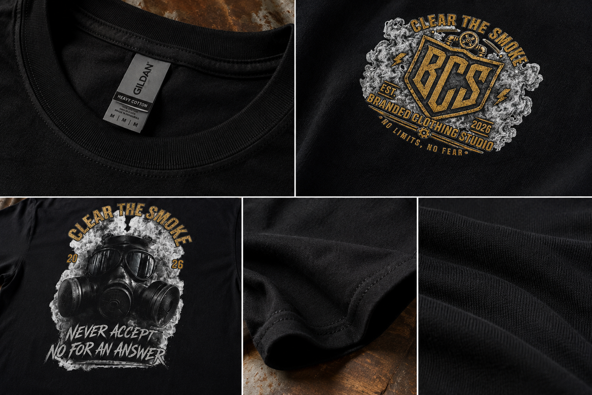 Clear the Smoke heavyweight tee detail shots showing Gildan heavy cotton tag, gold BCS chest logo, gas mask back print, and stitching close-ups