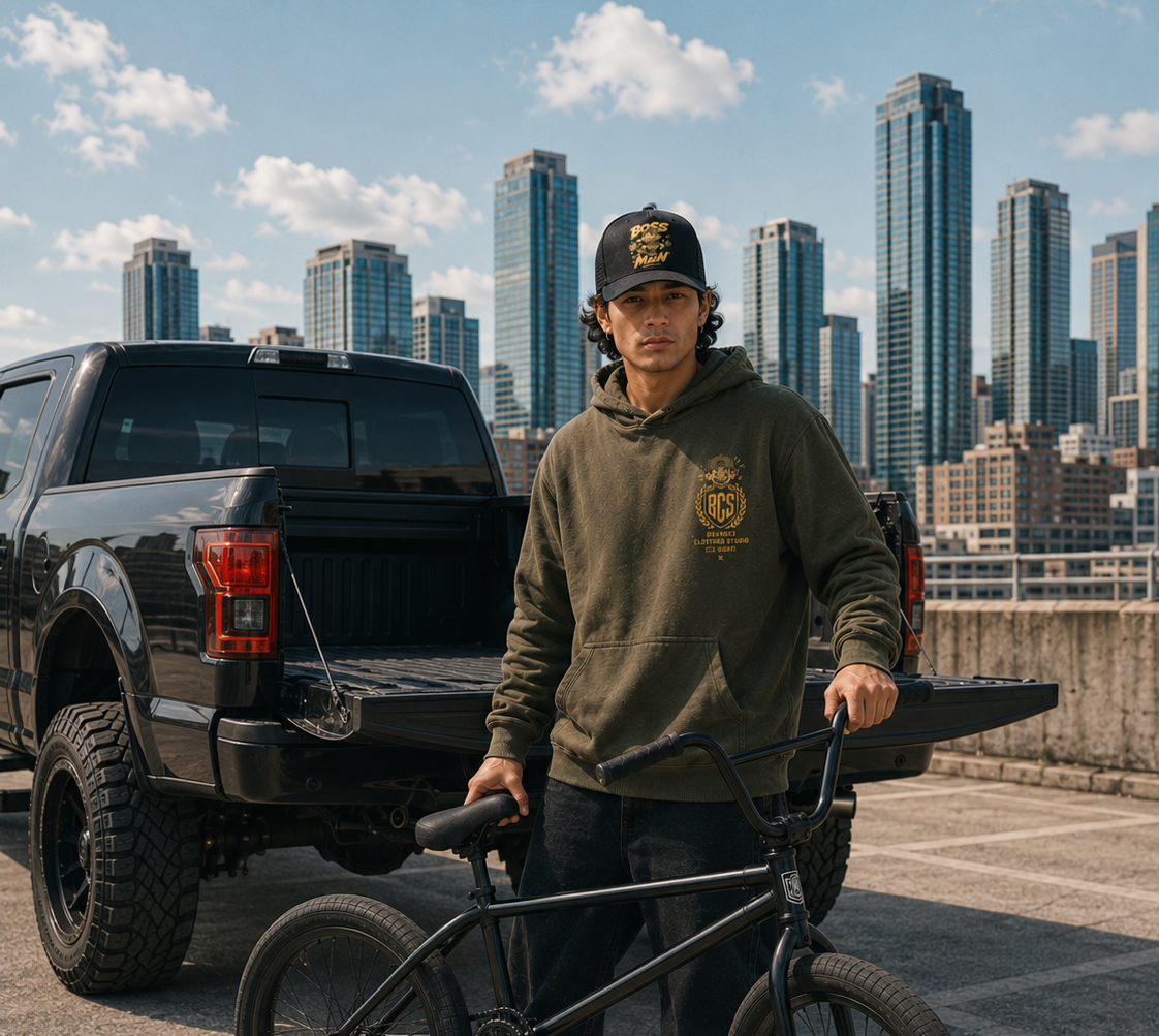 A man wearing an olive green hoodie with a gold crest logo and a black cap stands next to a black BMX bike in front of a black pickup truck, with a city skyline in the background.
