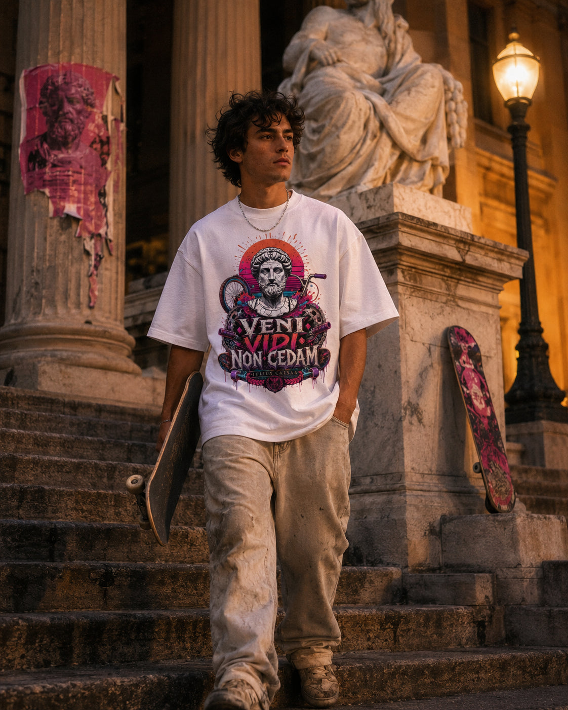 A young man stands on stone steps in front of a classical building, wearing a white graphic t-shirt with a purple and red 'VENI VIDE NON CEDAM' design, beige pants, and holding a skateboard.