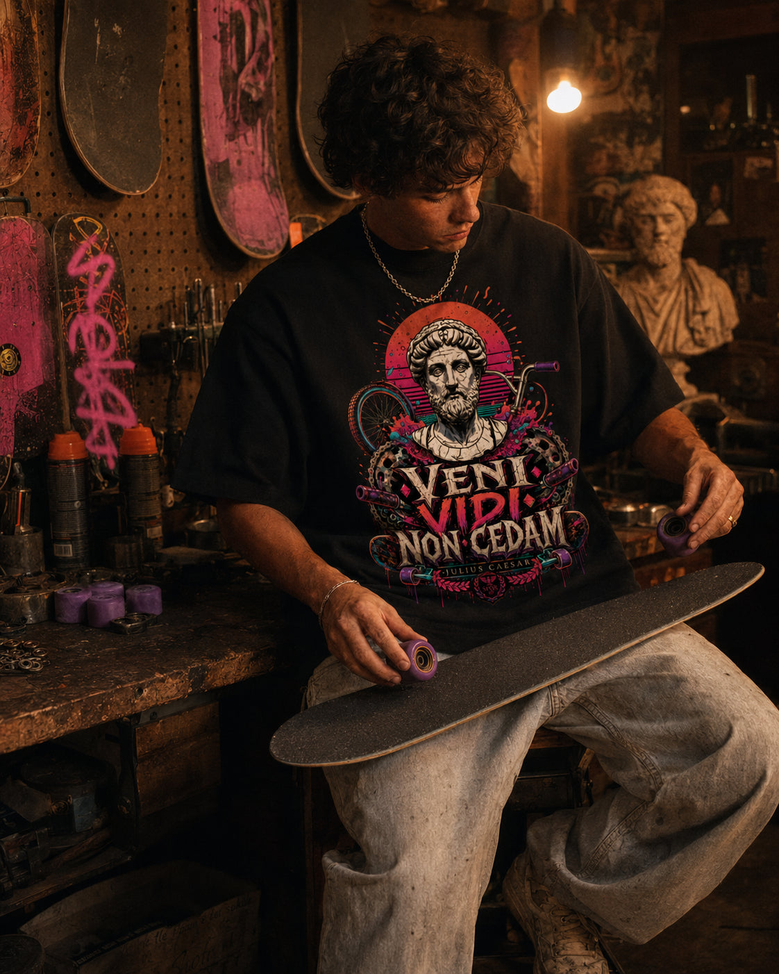 A person sitting in a workshop wearing a black graphic t-shirt with a colorful skull design and the text 'VENI VIDI NON CEDAM'. The person is holding a skateboard, with skateboards and workshop items visible in the background.