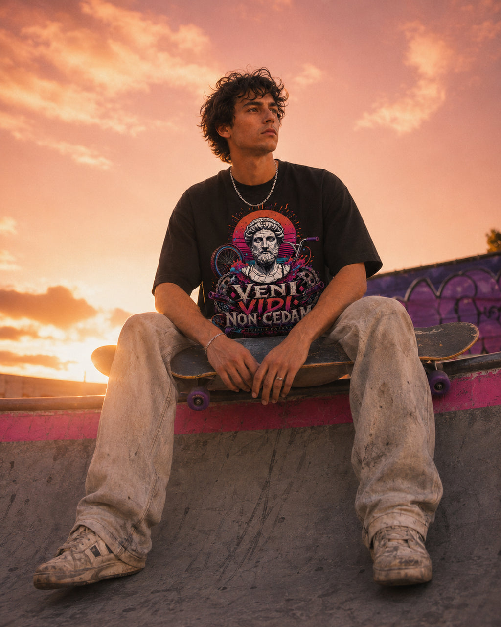 A young man sits on a skateboard in a concrete skatepark at sunset, wearing a black graphic t-shirt with a colorful skull design and the text 'VENI VIDI NON CEDARE', light gray sweatpants, and sneakers.
