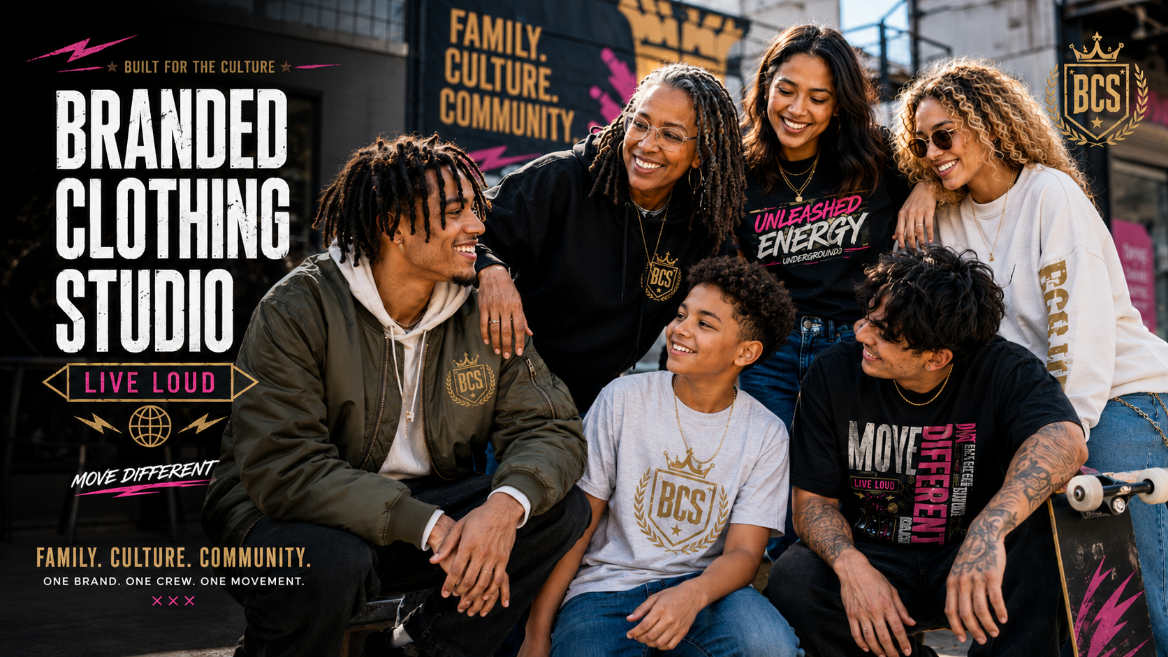 A group of six young people posing together in front of a branded wall, wearing apparel from BCS (Branded Clothing Studio). The image features promotional text overlays on the left side and a BCS logo on the top right.