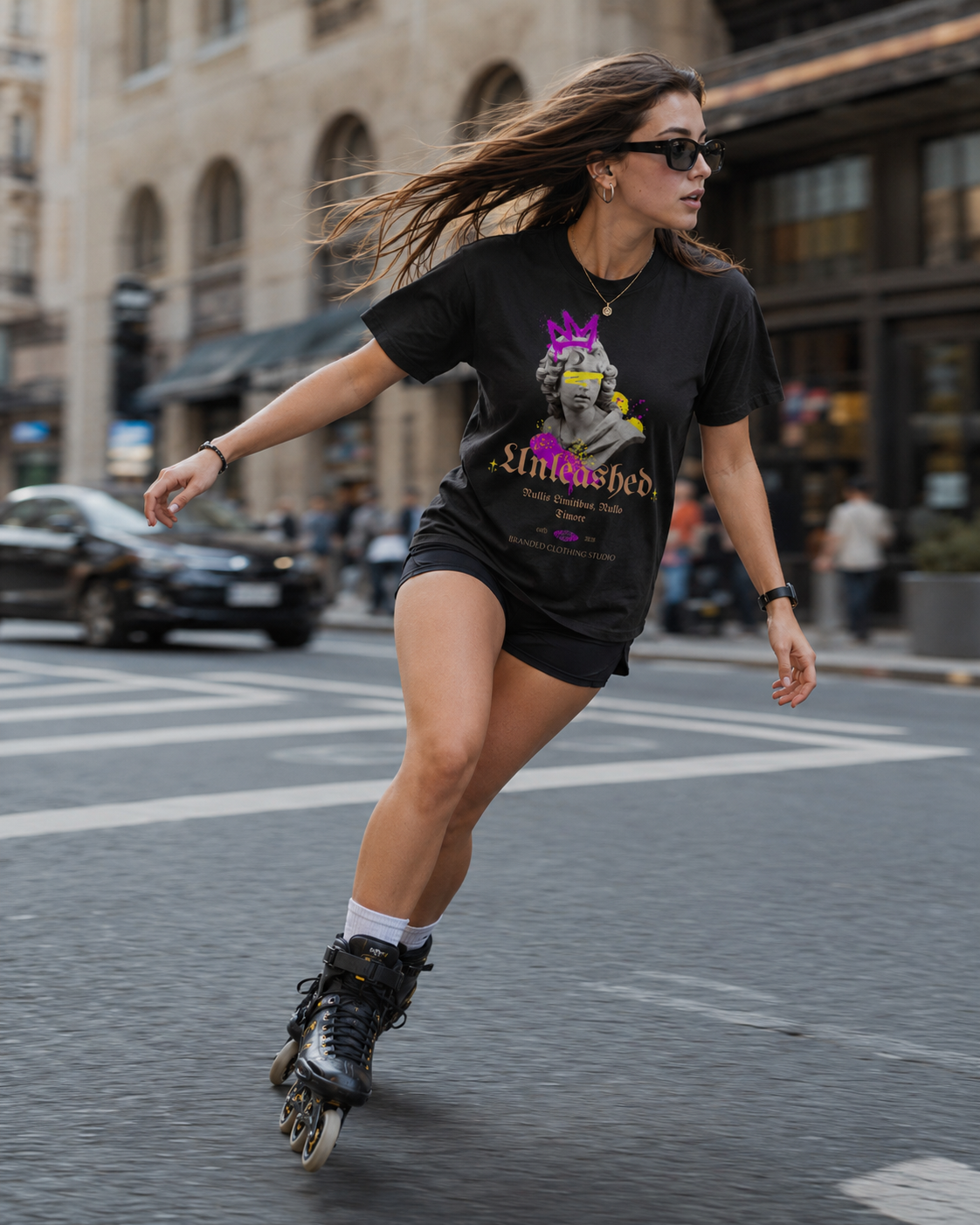 A woman wearing a black graphic t-shirt and black shorts roller skates on a city street. The t-shirt features a colorful graphic of a witch's broom closet with the text 'WITCHED' and 'Rollin' in purple and gold.