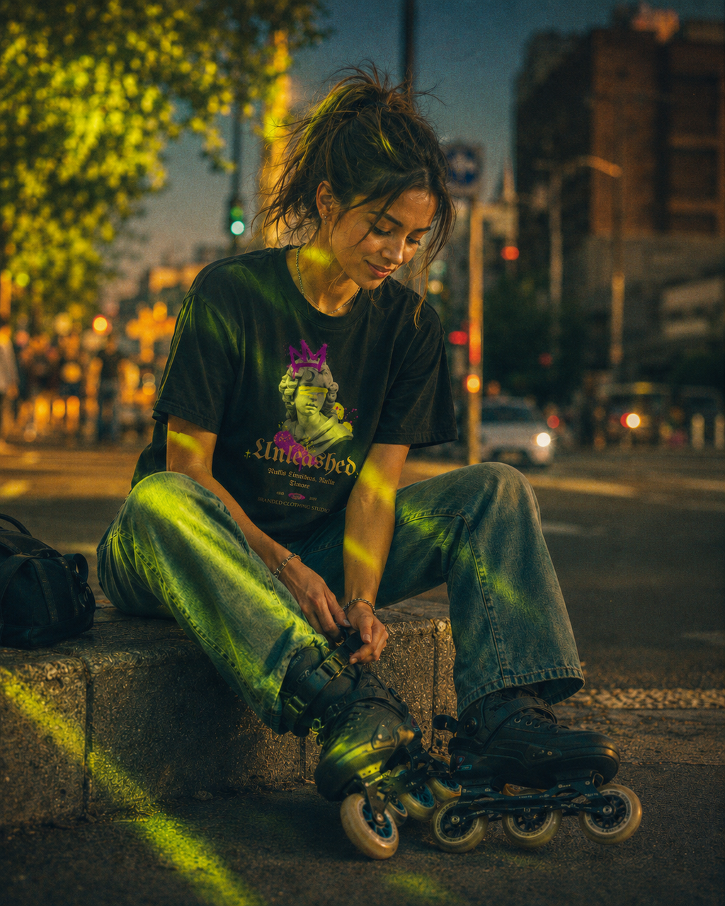 A woman sitting on a city street at dusk, putting on roller skates while wearing a black graphic t-shirt and faded blue jeans.